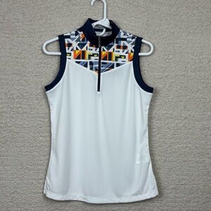 Callaway Top Womens‎ S White Geo Print Block Golf Polo Opti Dri Sleeveless Zip